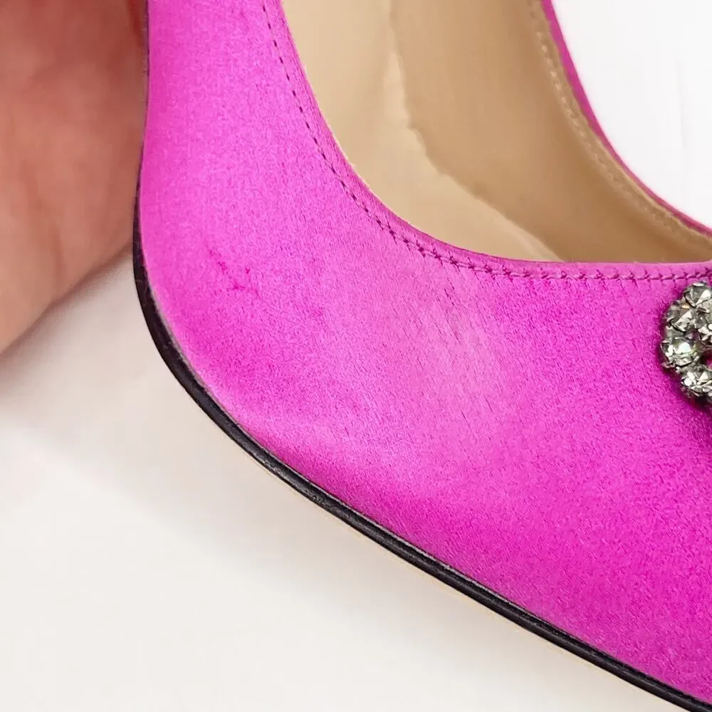 Manolo Blahnik Fuchsia Hangisi Satin Pointed Toe Crystal Detailed Pump IT 37.5 - Picture 8 of 12